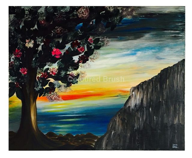 2013 - "Tree with rose blossom, coloured sky at sunrise", technique oil. Dimensions 1.20×1.0M. Screen 3D ready to hang.