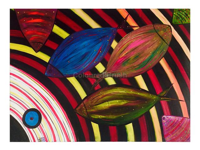 2015 - "Abstract colorful fish", hand painted 3D with acrylic component painting, Dimensions 0,60x70M. Ready to Hang. (Not available)