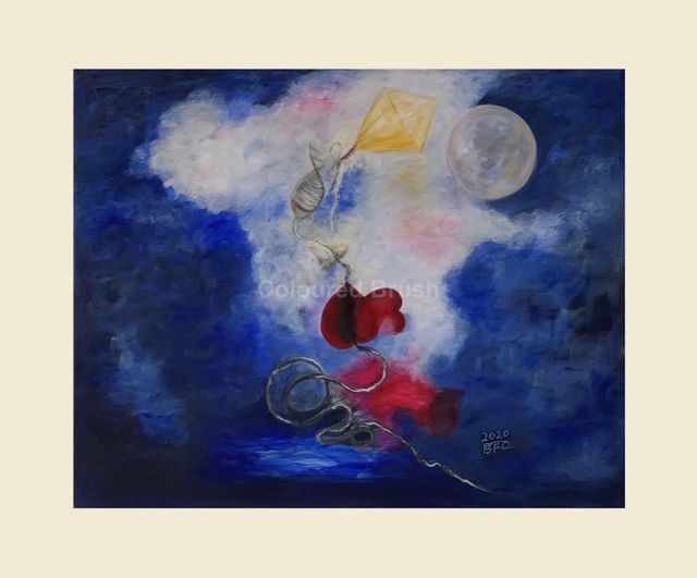 2020 - "Dragged heart" Comment of viewer about this painting. In the composition of this painting I see a white dog with blue eyes in the shape of the clouds, perhaps it is connected to the painter"s spirituality. The kite dragging something in the form of two arcs that cross to form the profile of a fish, a boot and two hearts together, one broken in the middle. Meanwhile, the boot takes a new path, leaving behind a broken heart. The fish symbol can represent new life in another dimension. For me, it is a painting of the soul, not an idea. Poppe. Acrylic paint. Dimensions 0.50×0.40M. Not available.