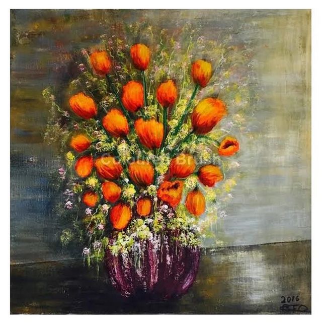 2016-Tulip "artist" is an exotic, amazing tulip with flashes of orange and golden yellow. Hand painted, acrylic paint on 3D canvas. Technique spatula / base with brush. Measuring 50x50M. Ready to hang. (Not available)