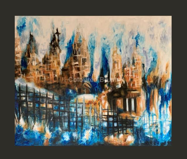 2019, "Imagination". Comment of a viewer about this painting. In my way of interpreting this painting: I see behind the fence some kind of struggle of a soul trapped in pain and tears. Some buildings like churches are being demolished, there is a space that is at the same time a cross, some type of punishment may be related. Making a bridge evident giving freedom to another landscape, that means liberation. In the middle of the palace I see a black cat, he seems to be in charge of the buildings reigning. In my belief, the opposite of certain superstitious, cats of that color are venerated, as they are signs of extreme luck. They are considered loyal, sweet, elegant, prudent cats and have a good character. However, I like the composition and the harmony of the tones, the blue is related to the painter"s soul, a very honest painting. Poppe. Acrylic hand painted on 3D canvas. Dimensions 1.20 x 1.00 m. Not available.
