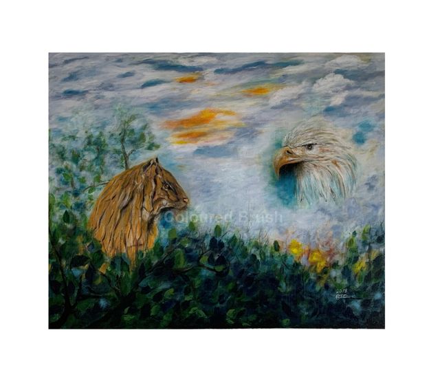 2018, "The Tiger and the Eagle" Nature always inspires me, I like to observe the composition of colors, shapes and textures. I feel captivated by the personality of the animals, because I believe we have much to learn from them. So it is with the eagle and with the tiger. I see that each one, in his territory and with his abilities, exerts a function of strength, determination and great courage to ensure his survival, these being the traits that shaped my look and inspiration for this canvas. Acrylic hand painted on 3D canvas, dimensions 120 x 100 cm Ready to hang.