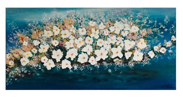 2015 – “ Flowers on blue background|”, acrylic technique worked with spatula and brush. Dimensions 1.0×0,50M Screen 3D. Ready to hang. ( Not available ).