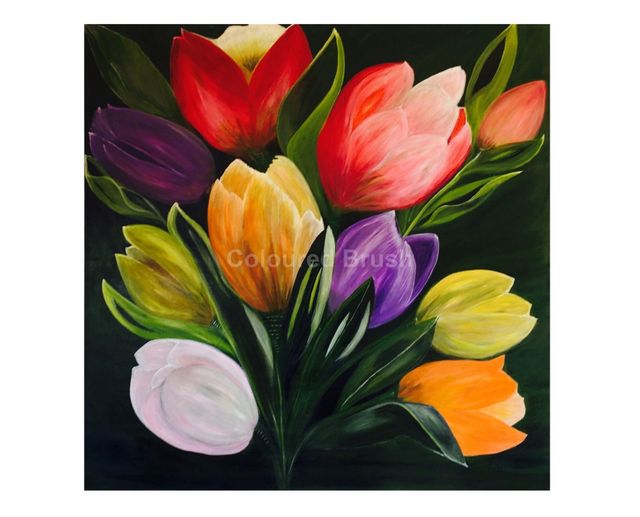 2015 – “Tulipas & Cores” In springtime flowers surround me, so grew the inspiration to paint these tulips. Technique acrylic, dimensions 1.20×1.20M. 3D canvas, ready to hang. (Not available)