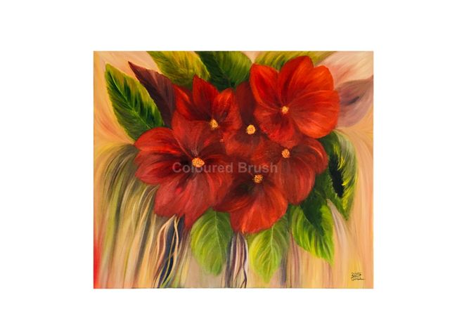 2015- Red flowers and their charms, Screen 3D, 100% linen Dimensions: 1.0X1.20M Mixed technique spatula and brush. Hand painted in oil. There may be slight color differences to the original because of digital playback of the photo and the computer screen.
