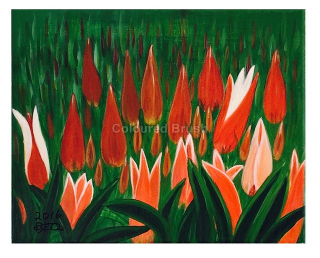 2016 - "EXUBERANCE TULIPS", Hand painted, dimensions 0.24 × 0.30M 100% cotton canvas. Not 3D, the frame is optional. (Not available).