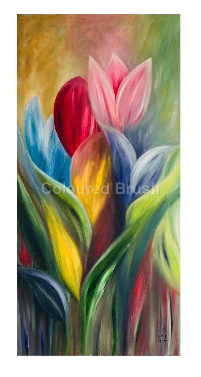 2017, "Art full tulips". Technique: Oil on Canvas Dimensions: 1.0×0,50M. Ready to hang.