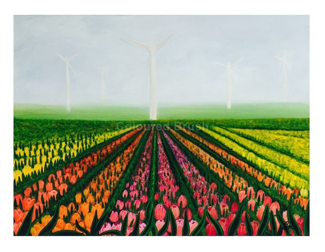 2016- "Field of flowers", tulips fields with modern windmills. Hand painted, acrylic paint on 3D canvas. Measuring 80x60cm. Ready to hang. (Not available).