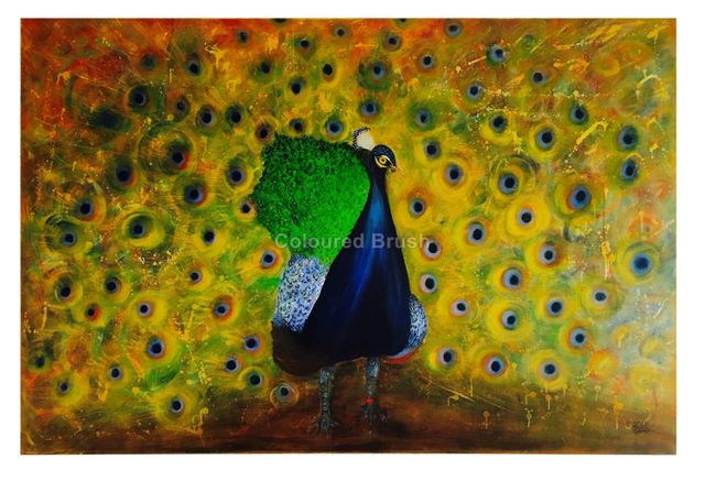 2016 - "Majestic Peacock". In the feathers, in the colors and the magnitude of this bird, dwells the beauty and the charm that always bewitched my eyes. It"s dreamlike, between the real and the imaginary. It"s possible to see it in two ways: in the foreground, the bird with warm and cheerful colors; or the set of colors of the background. Work in realistic abstract style, with acrylic painting technique. Premium cotton screen 3D. 1,50 x 1,00m. Ready to hang.